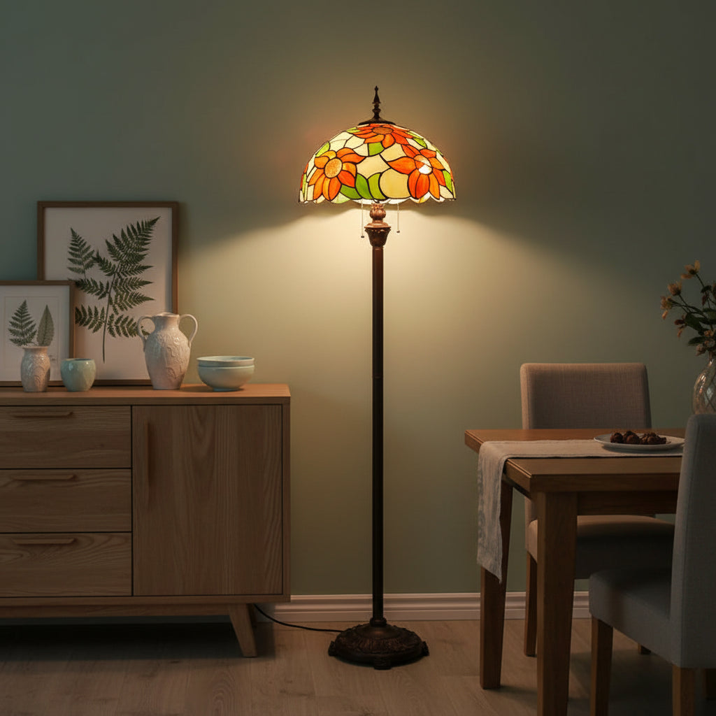 Tiffany-style floor lamp in orange floral glass