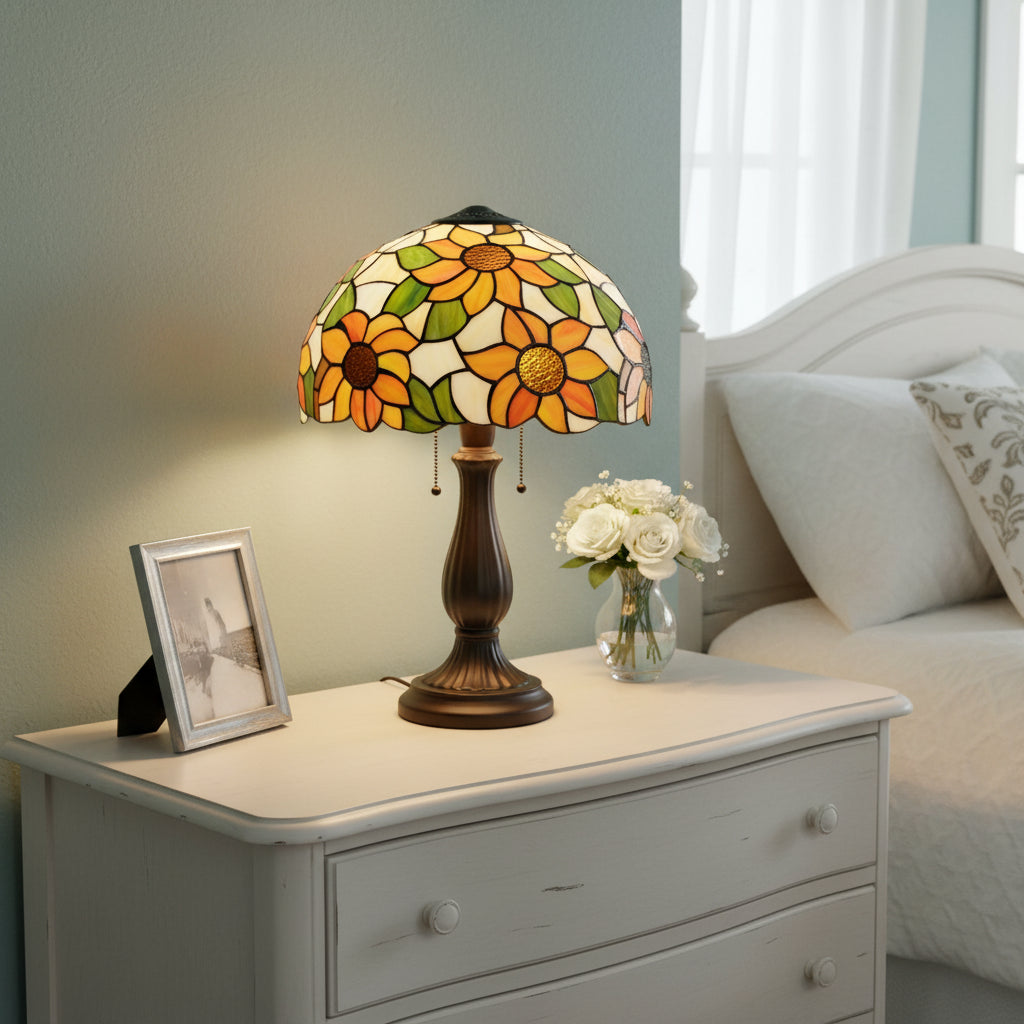 Tiffany-style lampshade with colorful sunflowers