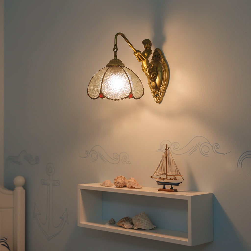 Vintage Gold Mermaid Wall Sconce in Textured Glass