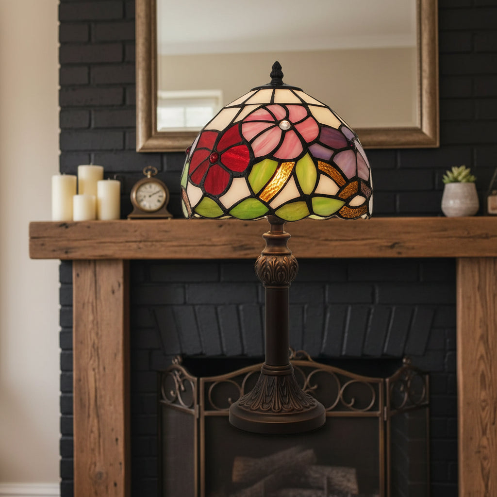 Floral Stained Glass Dome Lampshade with Beads