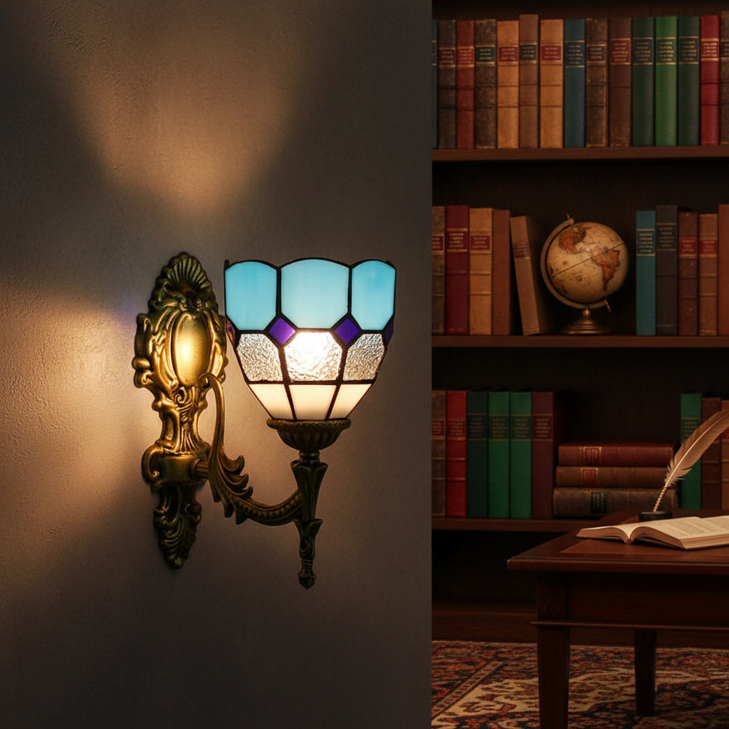 Ornate Wall Sconce in Blue and Purple Tinted Glass