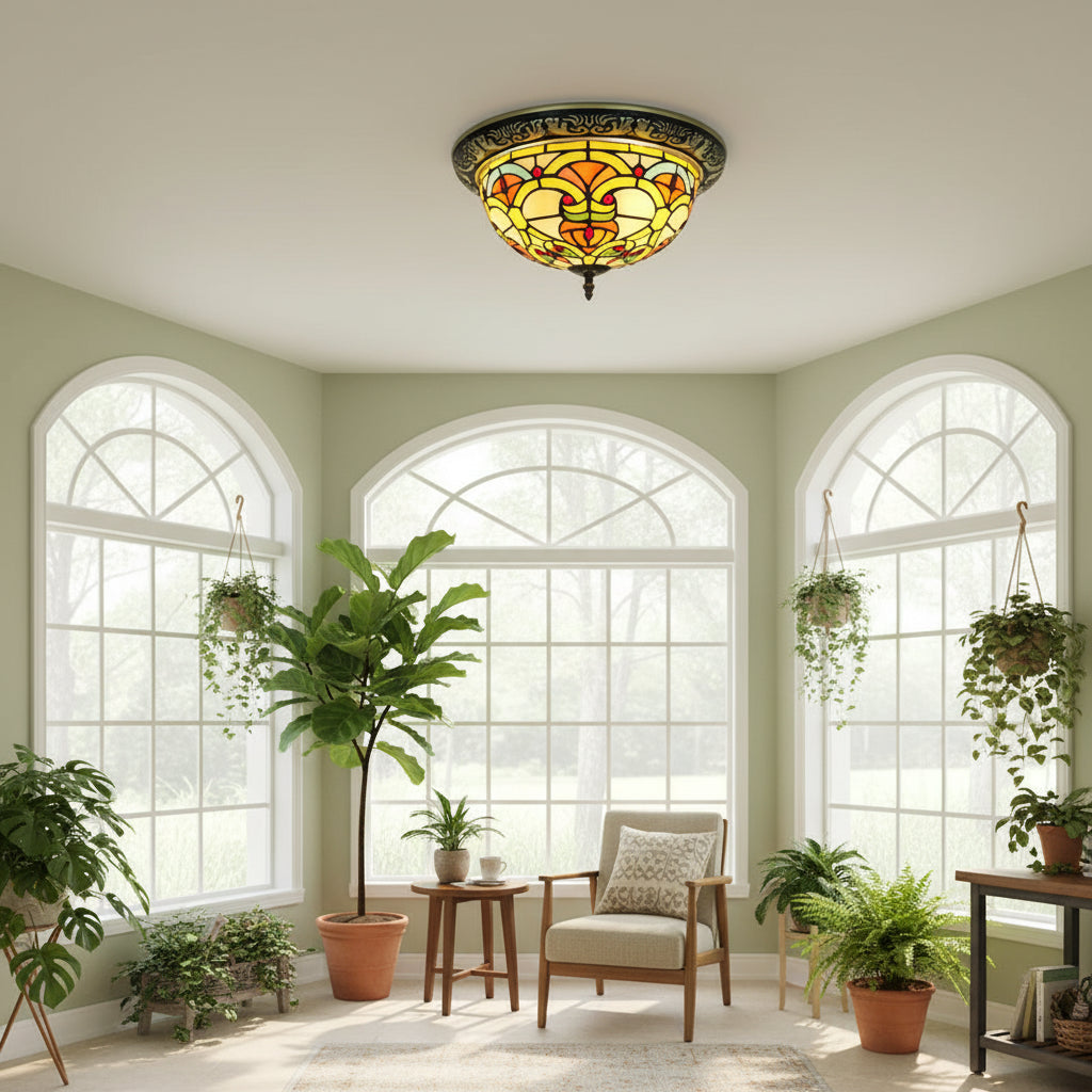 Round Tiffany-style ceiling light in stained glass