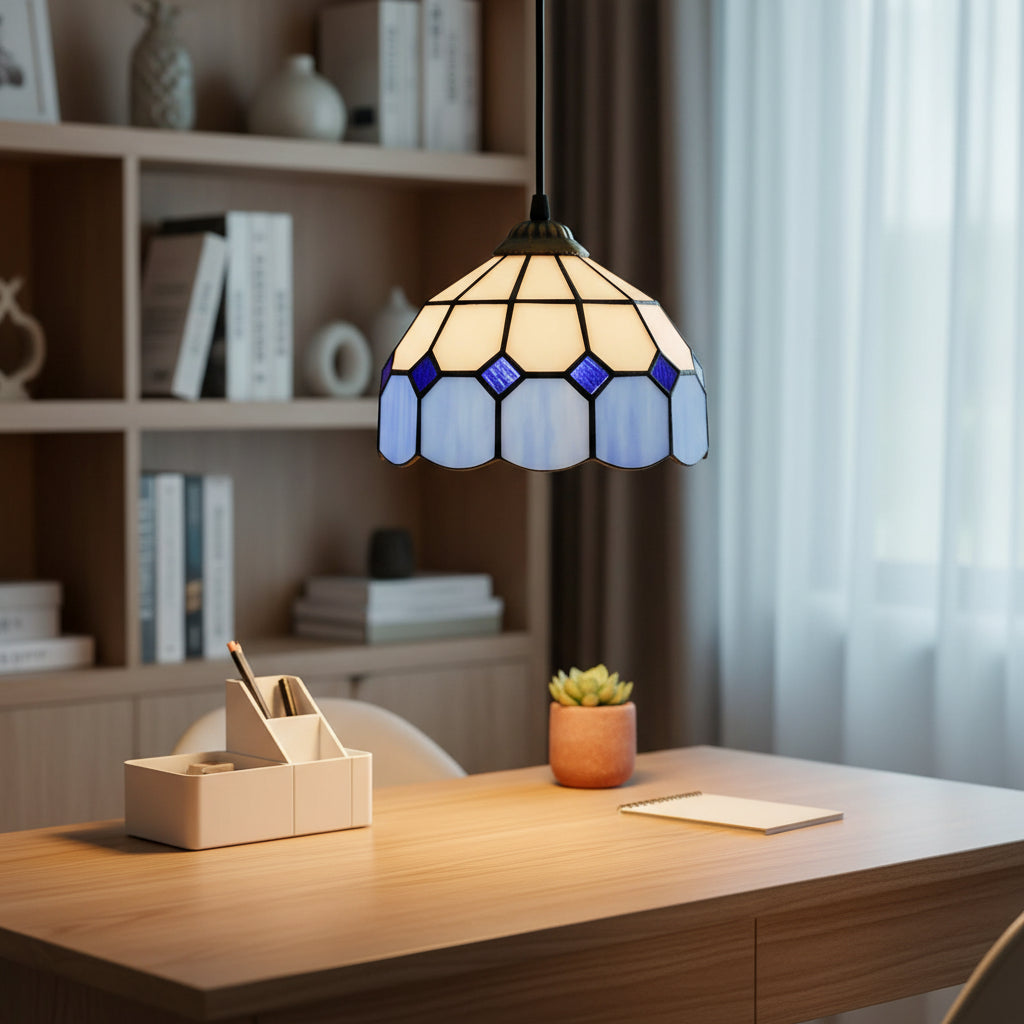 White and Blue Geometric Tiffany Pendant Light