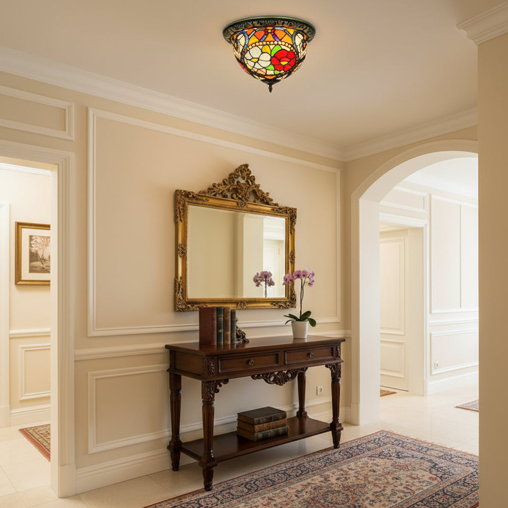 Tiffany-style Floral Stained Glass and Iron Ceiling Light