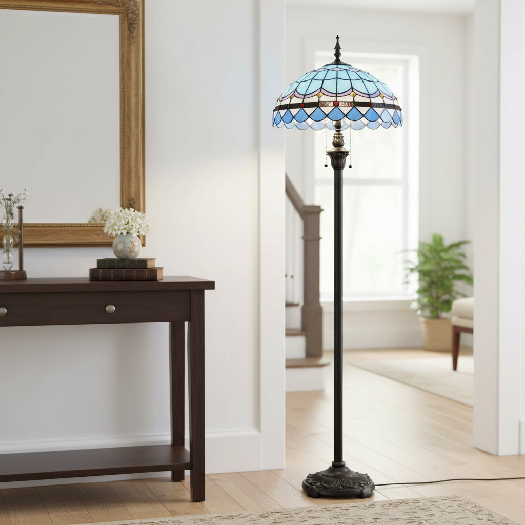 Tiffany-style floor lamp in blue and multicolored stained glass