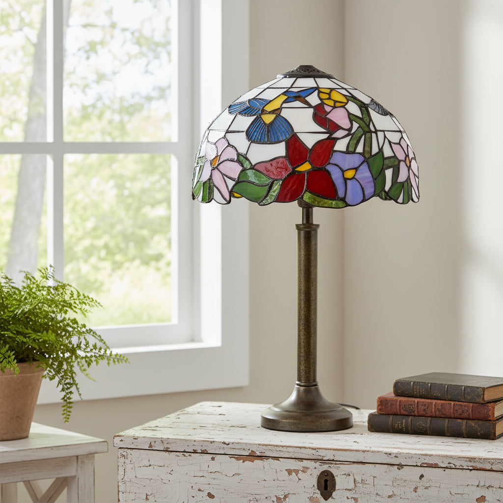 Tiffany-style stained glass lampshade with hummingbird and flower design