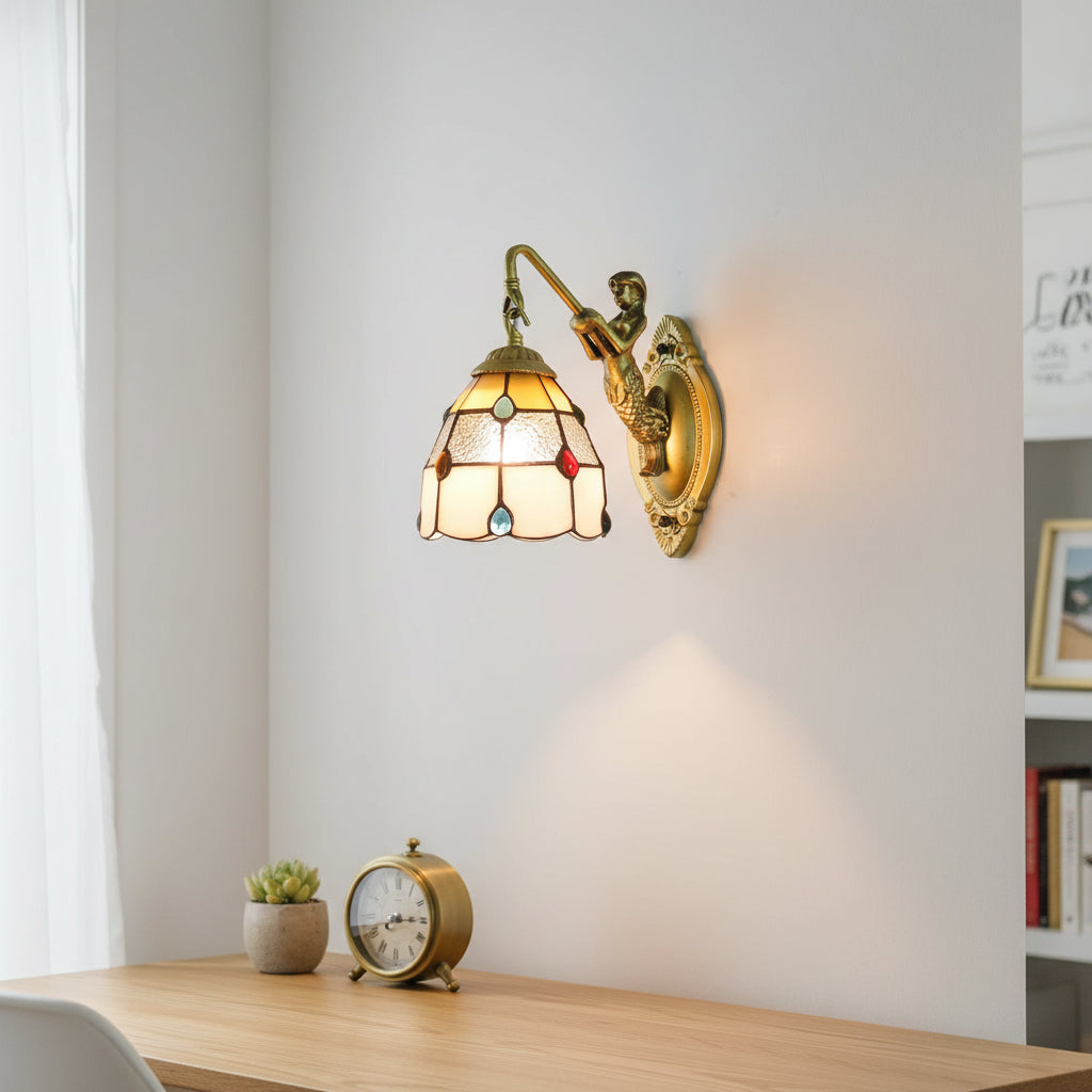 Mermaid Wall Sconce in Stained Glass and Antique Brass