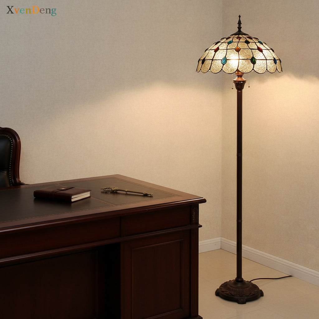 Tiffany-style stained glass floor lamp with cabochons