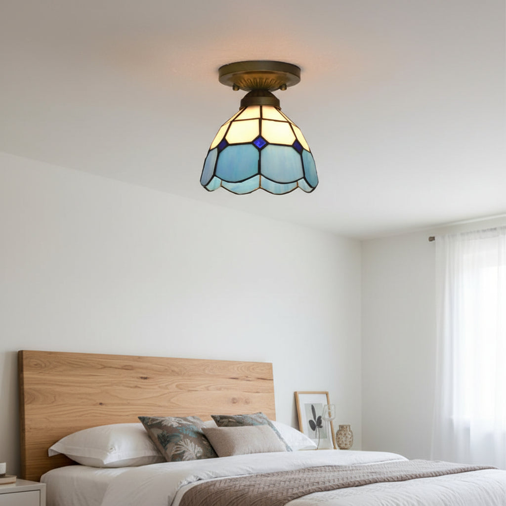 Tiffany Style Ceiling Light in Blue and White Tinted Glass
