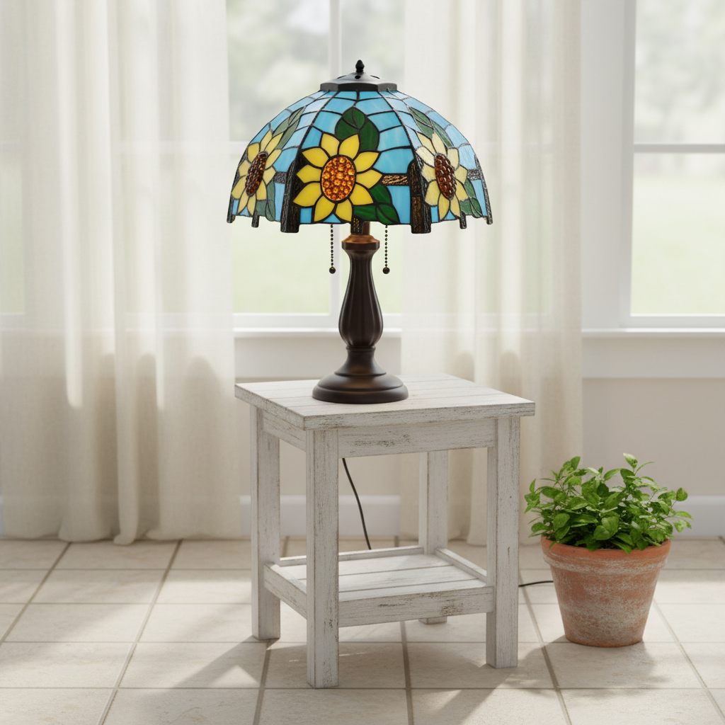 Tiffany stained glass lampshade with sunflowers