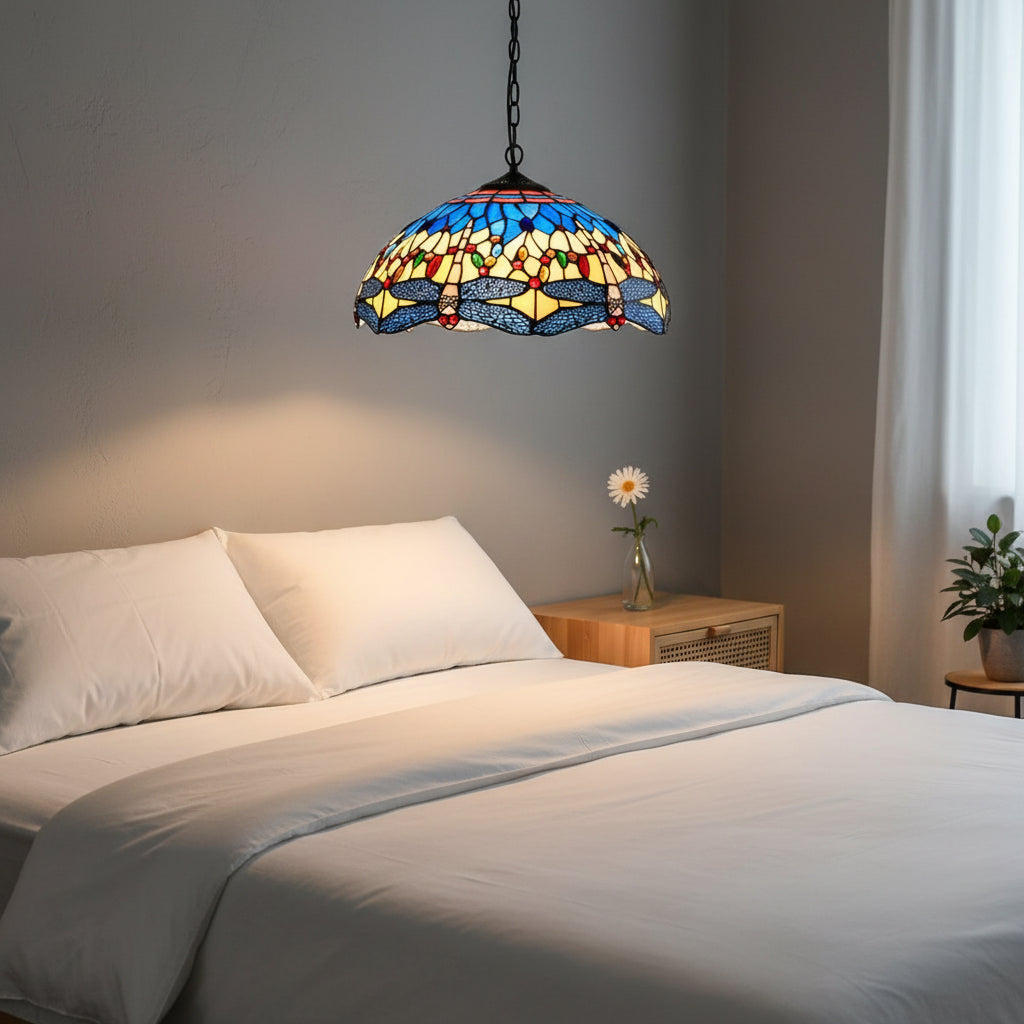 Tiffany-style stained glass dragonfly pendant light