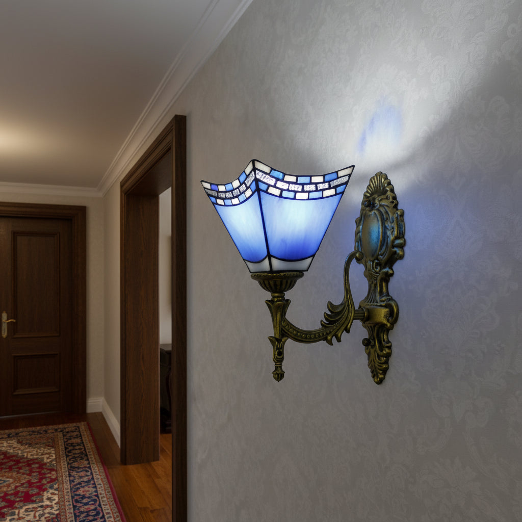 Ornate Wall Sconce in Blue and White Glass