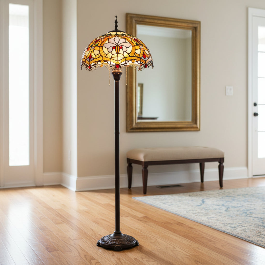Vintage Tiffany Floor Lamp in Floral Stained Glass
