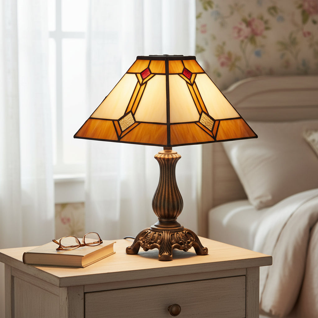 Geometric tinted glass lampshade in amber, cream and red