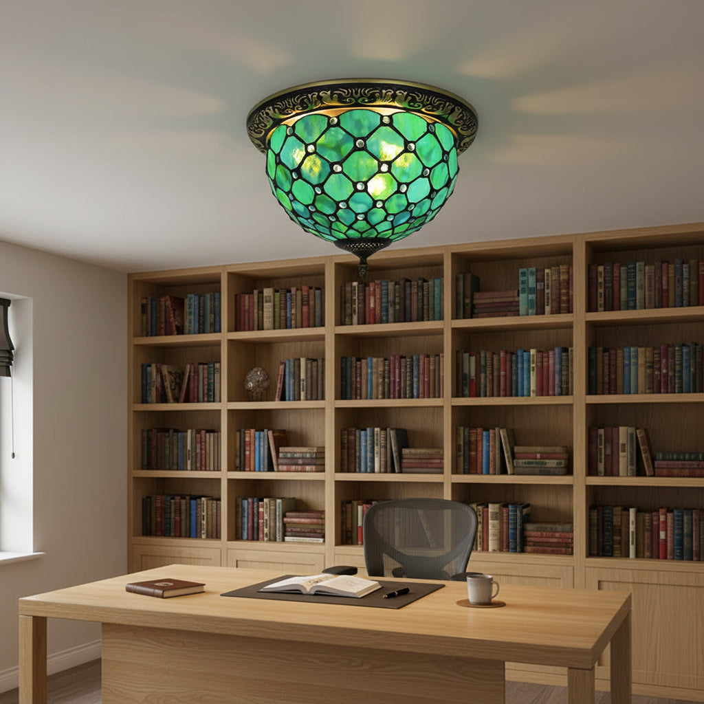 Tiffany Style Ceiling Light in Green Stained Glass