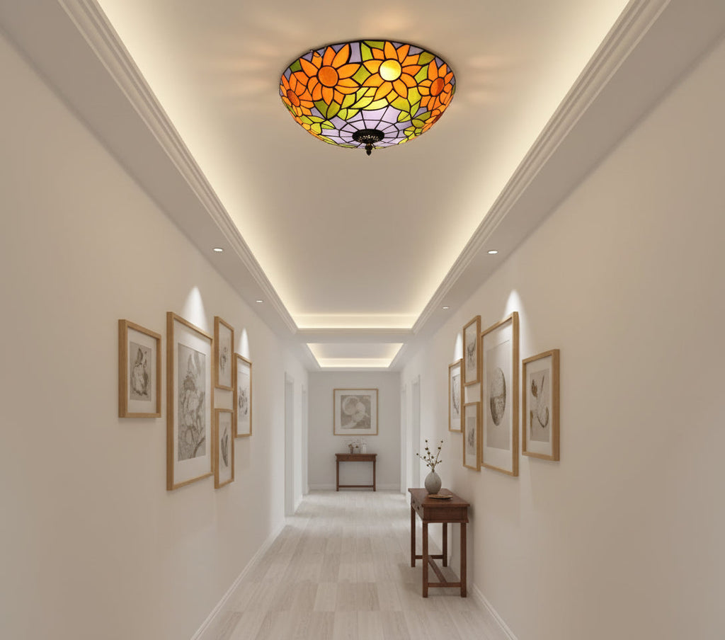 Tiffany-style stained glass ceiling light with sunflowers