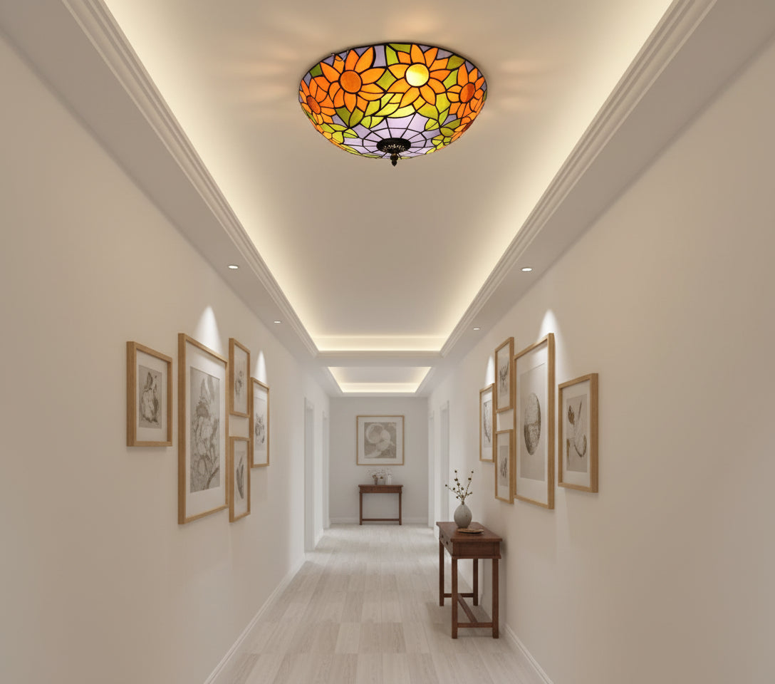 Tiffany-style stained glass ceiling light with sunflowers
