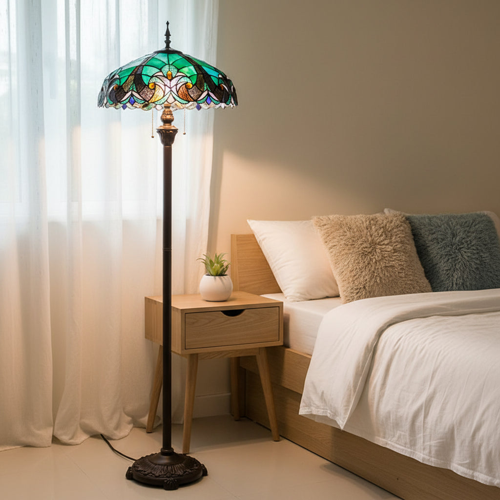 Tiffany Style Floor Lamp in Turquoise Stained Glass