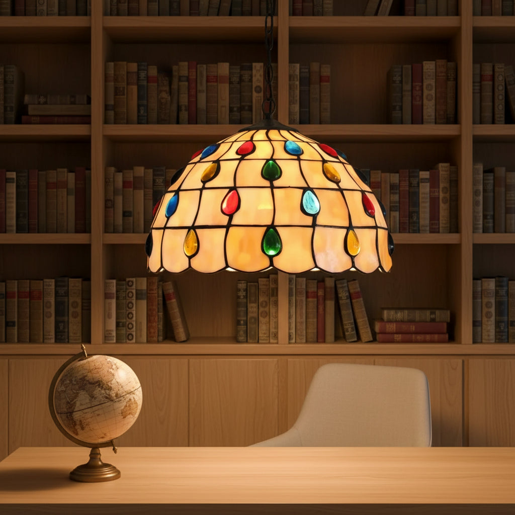 Tiffany-style pendant light in tinted glass with cabochons, 30cm