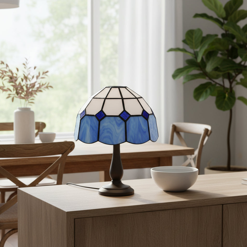 Tiffany Conical Lampshade in White and Blue Glass