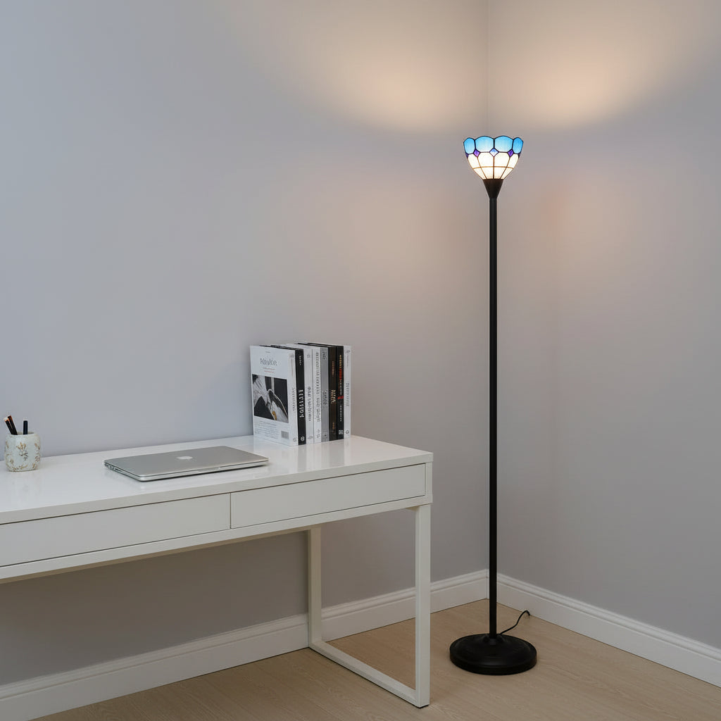 Blue and white stained glass floor lamp in the shape of a tulip
