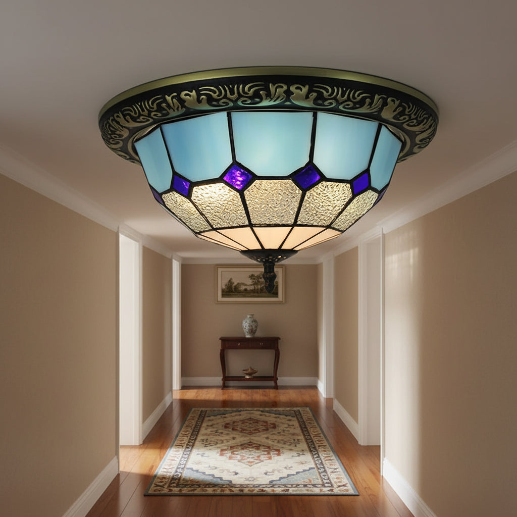 Tiffany Style Ceiling Light in Blue, Purple, and Wrought Iron