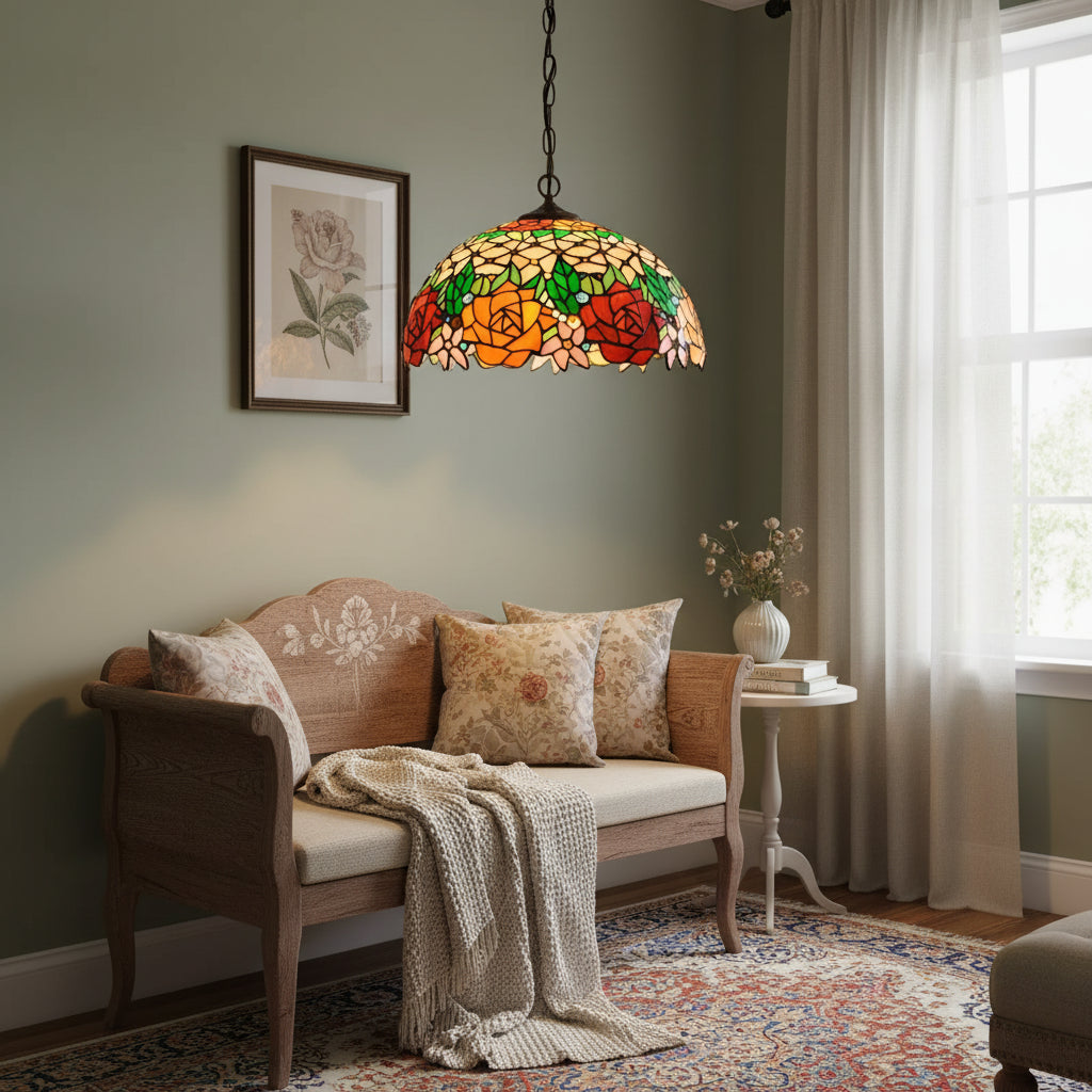 Tiffany-style stained glass rose pendant light, Ø40cm
