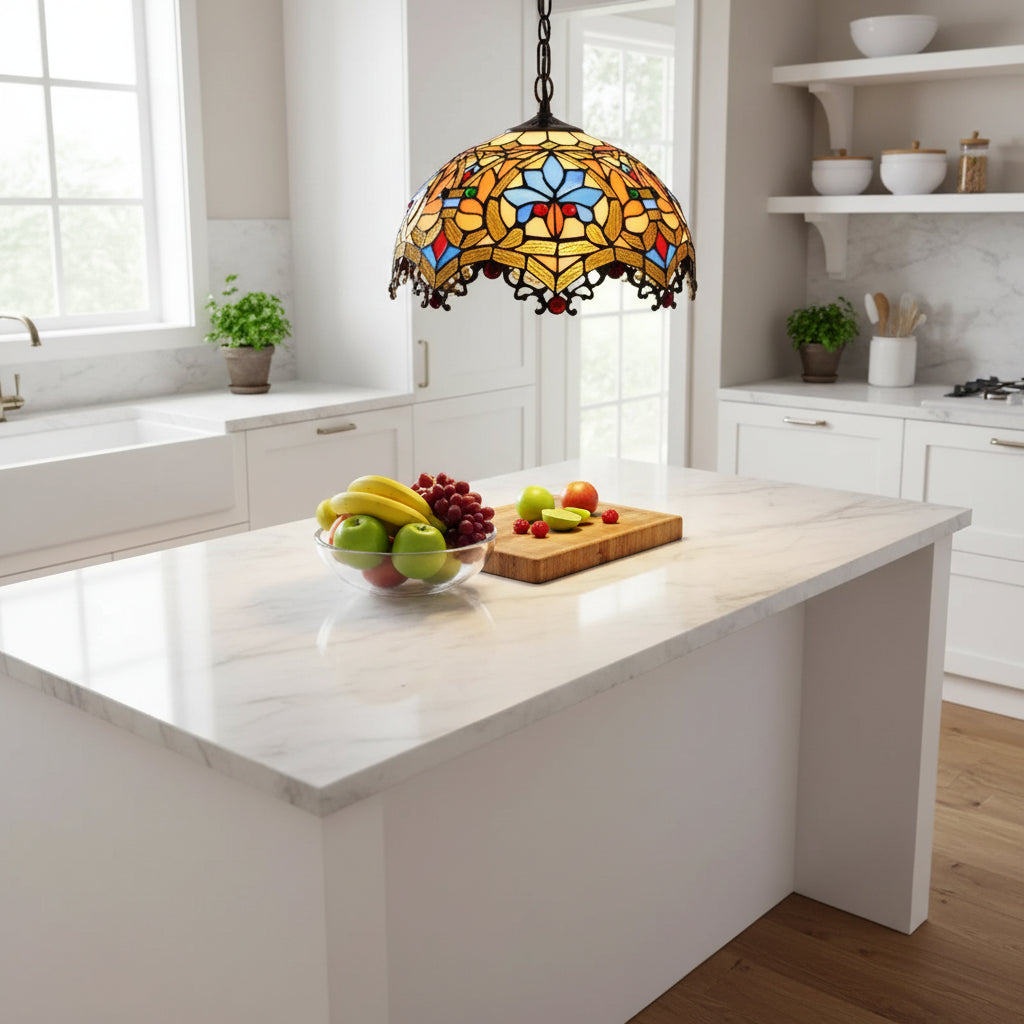 Floral Amber Glass Tiffany Pendant Light 30cm