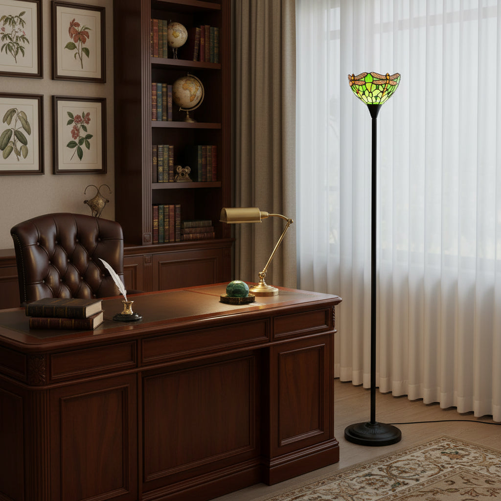 Tiffany-style stained glass floor lamp with green dragonflies