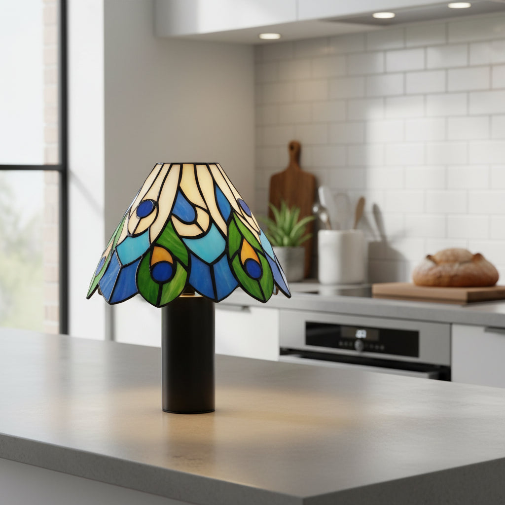 Tiffany Stained Glass Lampshade with Blue and Green Peacock Motif