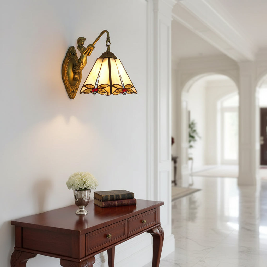 Tiffany Wall Sconce with Dragonflies and Mermaid in Bronze