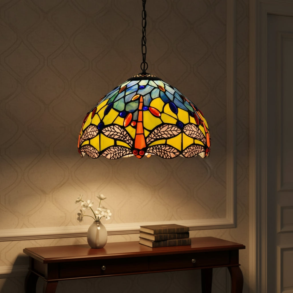 Yellow and Blue Stained Glass Tiffany Pendant Light Dragonfly