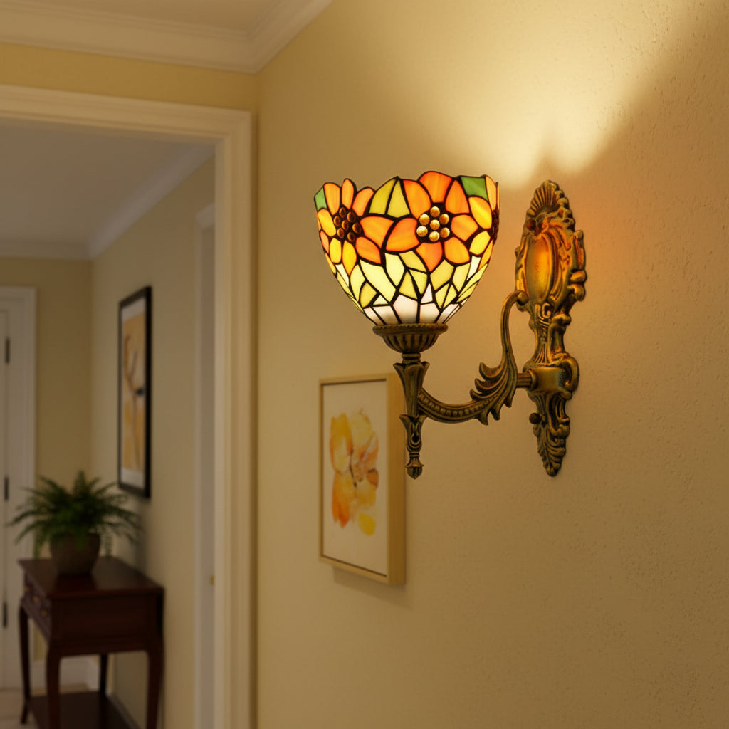 Floral Tiffany Wall Sconce in Stained Glass and Aged Brass