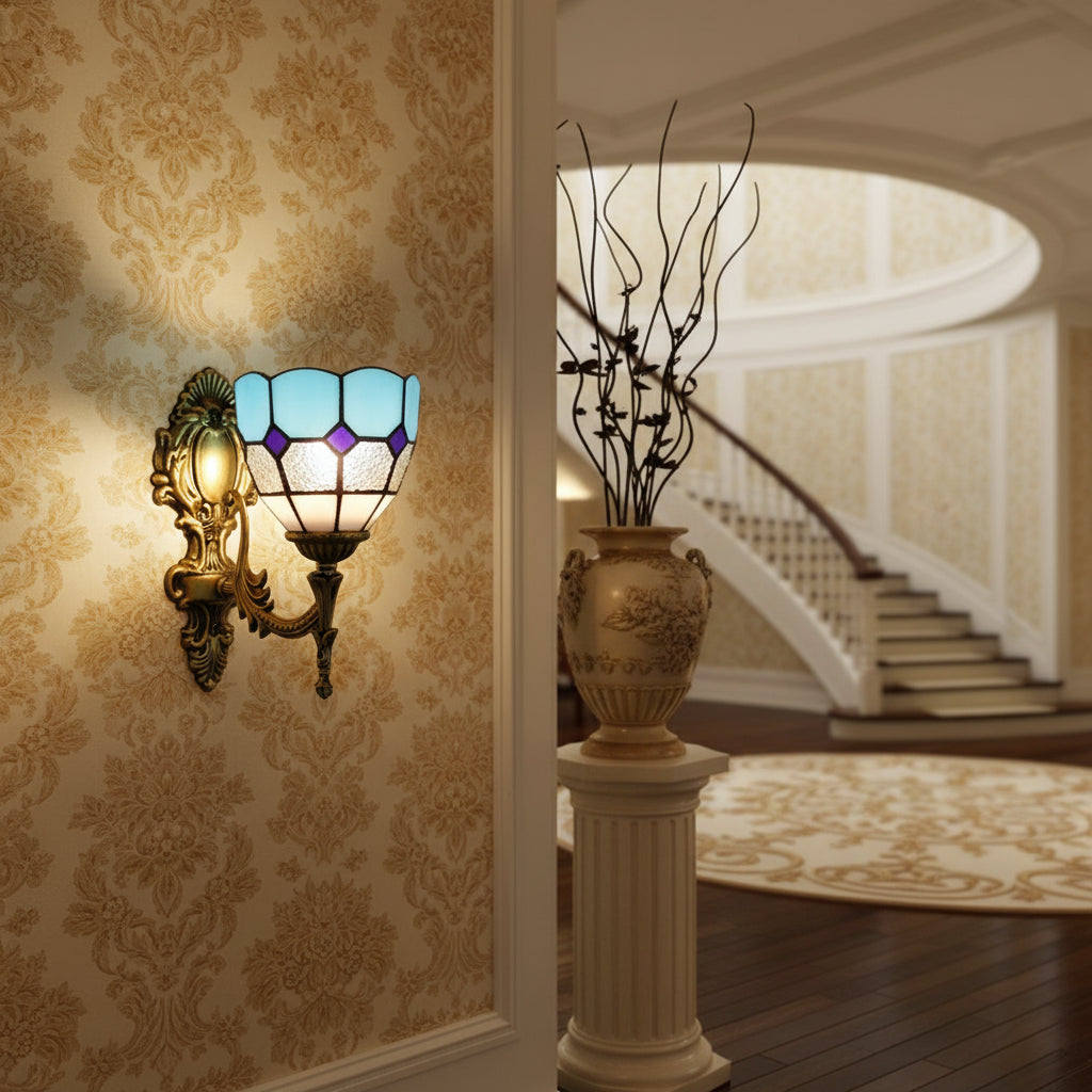 Ornate Wall Sconce in Blue and Purple Tinted Glass