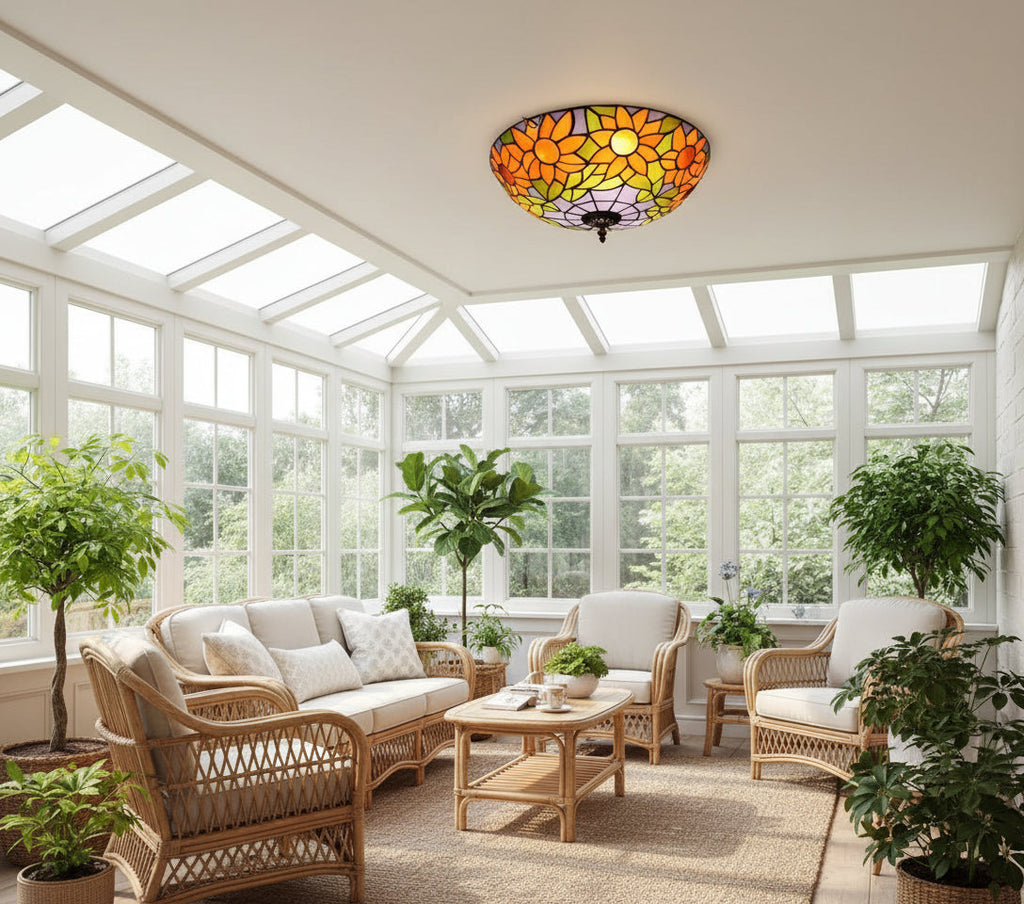 Tiffany-style stained glass ceiling light with sunflowers