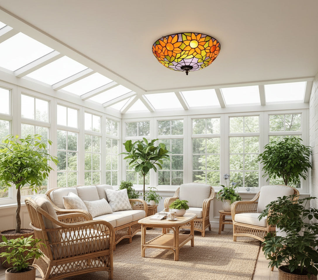 Tiffany-style stained glass ceiling light with sunflowers