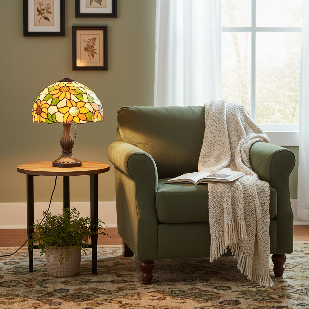 Tiffany-style lampshade with colorful sunflowers