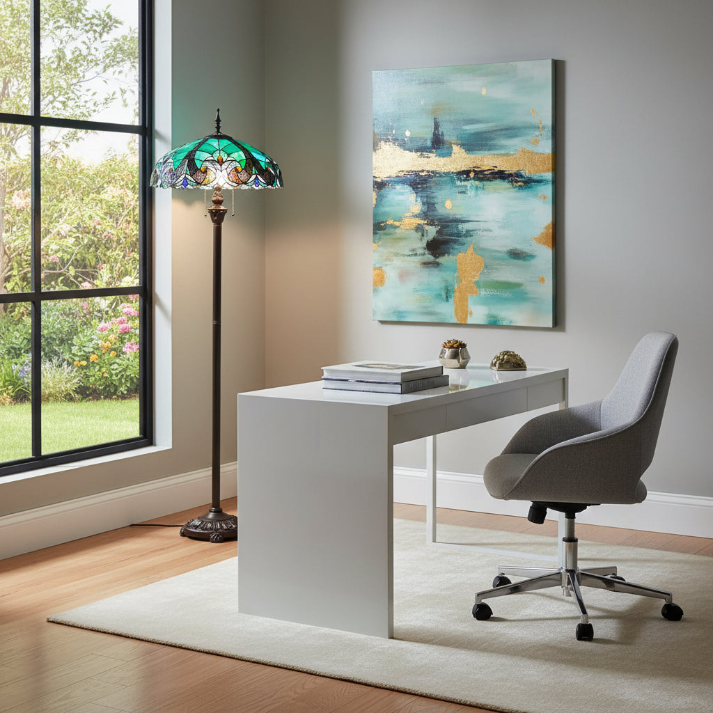 Tiffany Style Floor Lamp in Turquoise Stained Glass