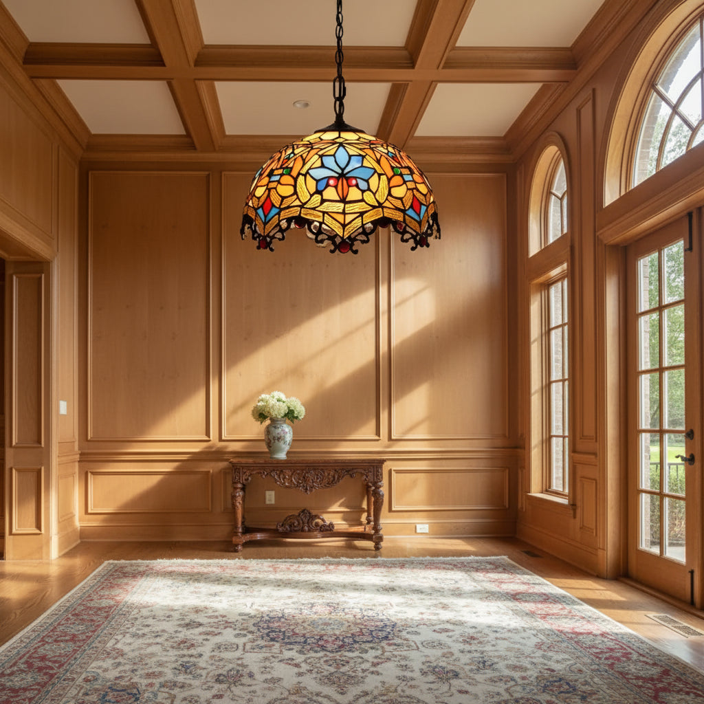 Floral Amber Glass Tiffany Pendant Light 30cm