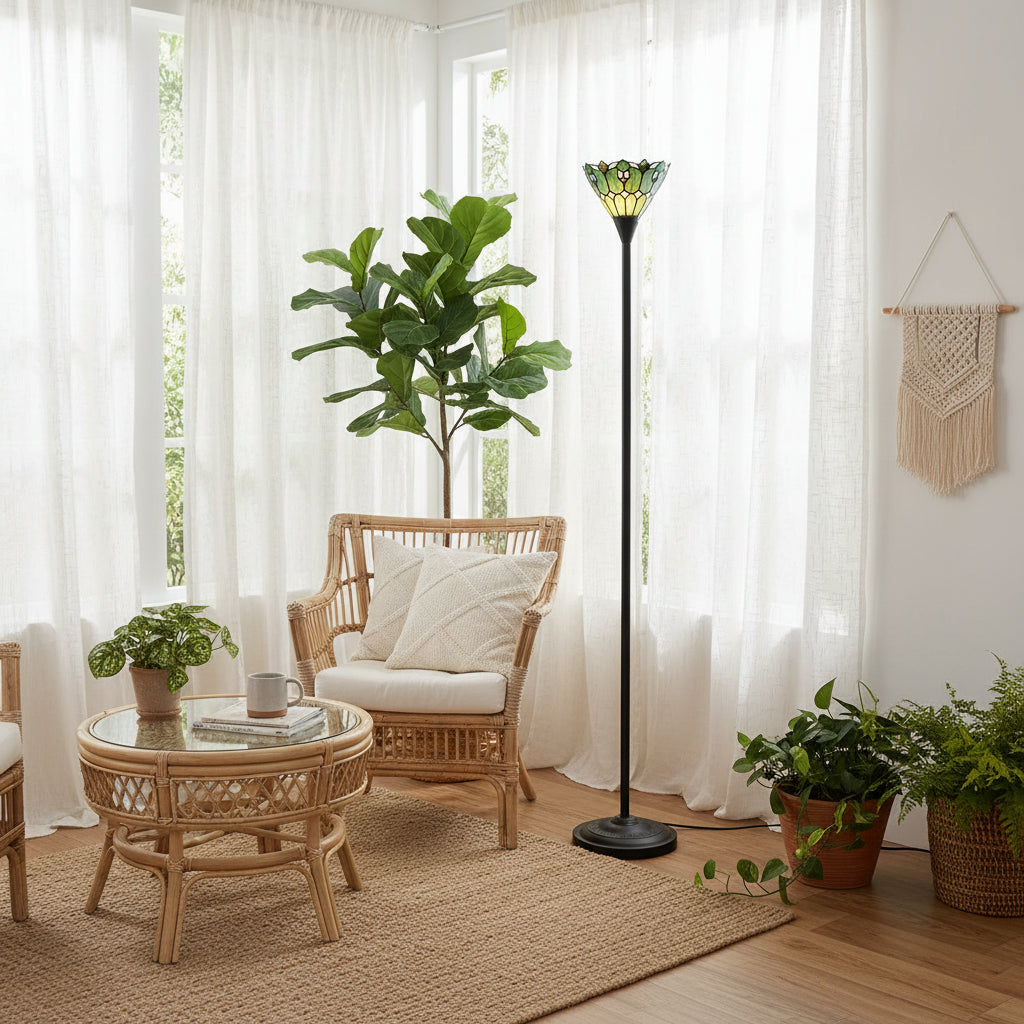 Tiffany-style floor lamp in green and cream stained glass