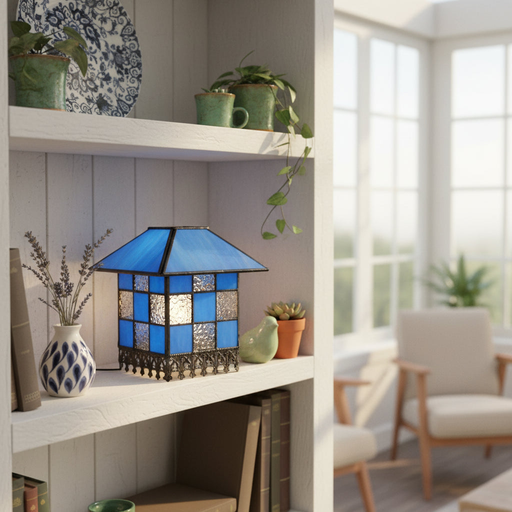 Blue tinted glass lantern lampshade with geometric checkered pattern