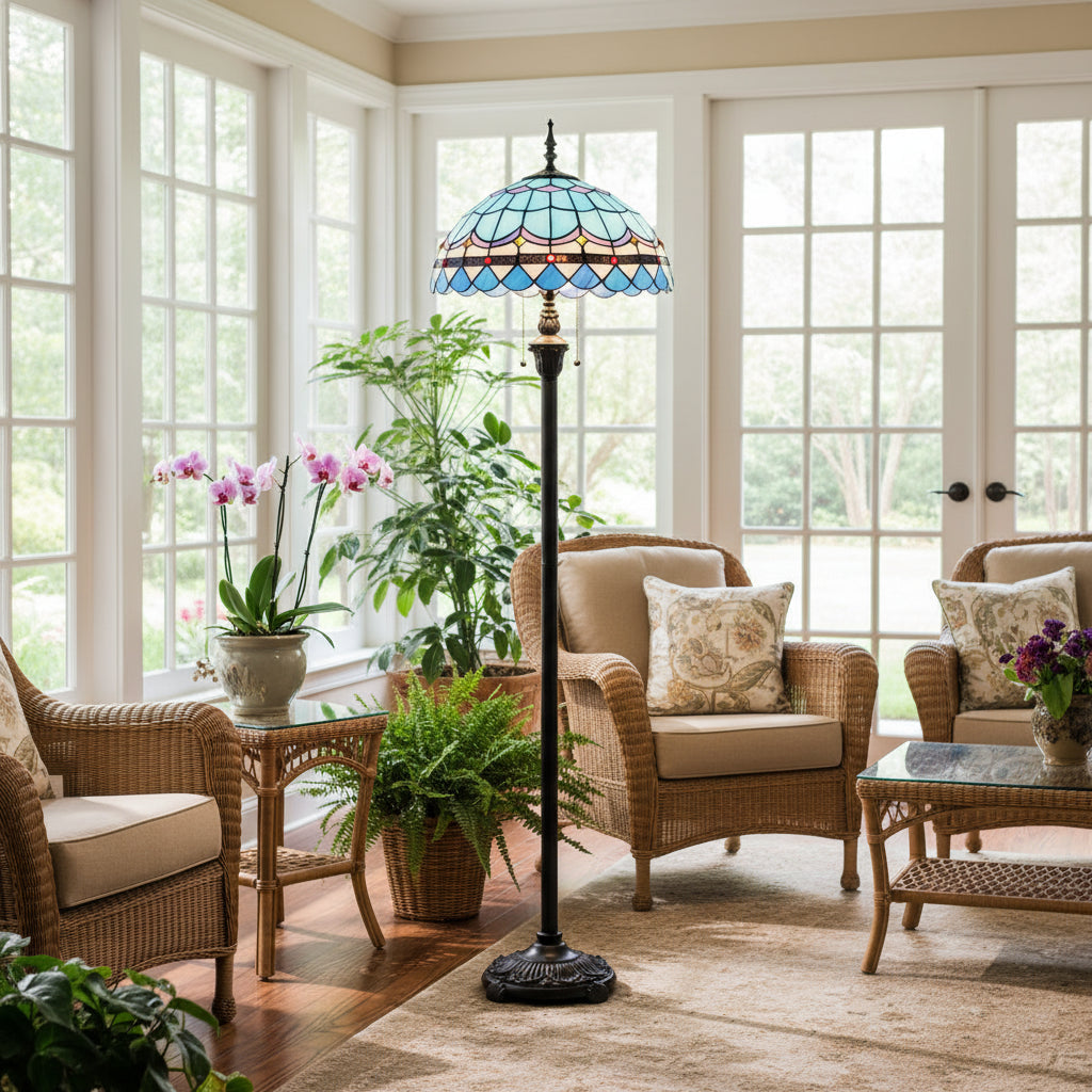 Tiffany-style floor lamp in blue and multicolored stained glass