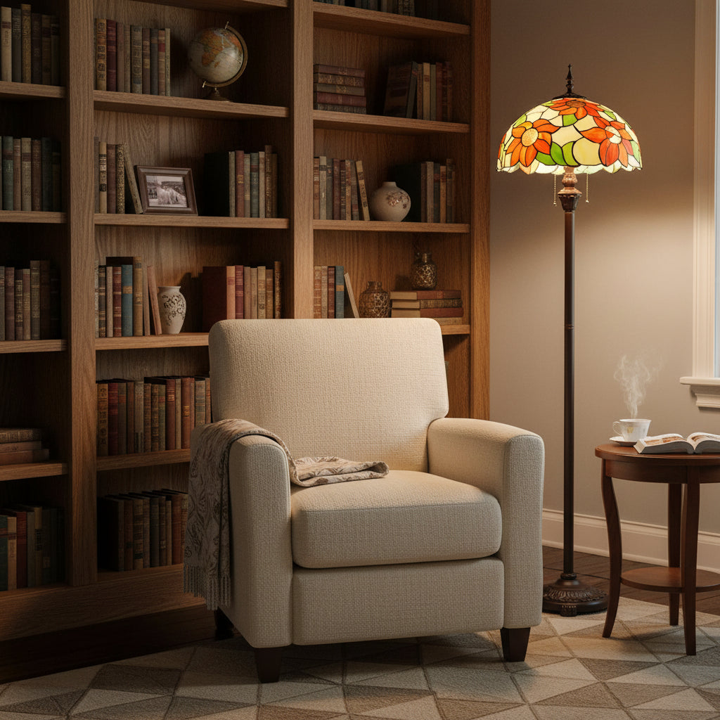 Tiffany-style floor lamp in orange floral glass