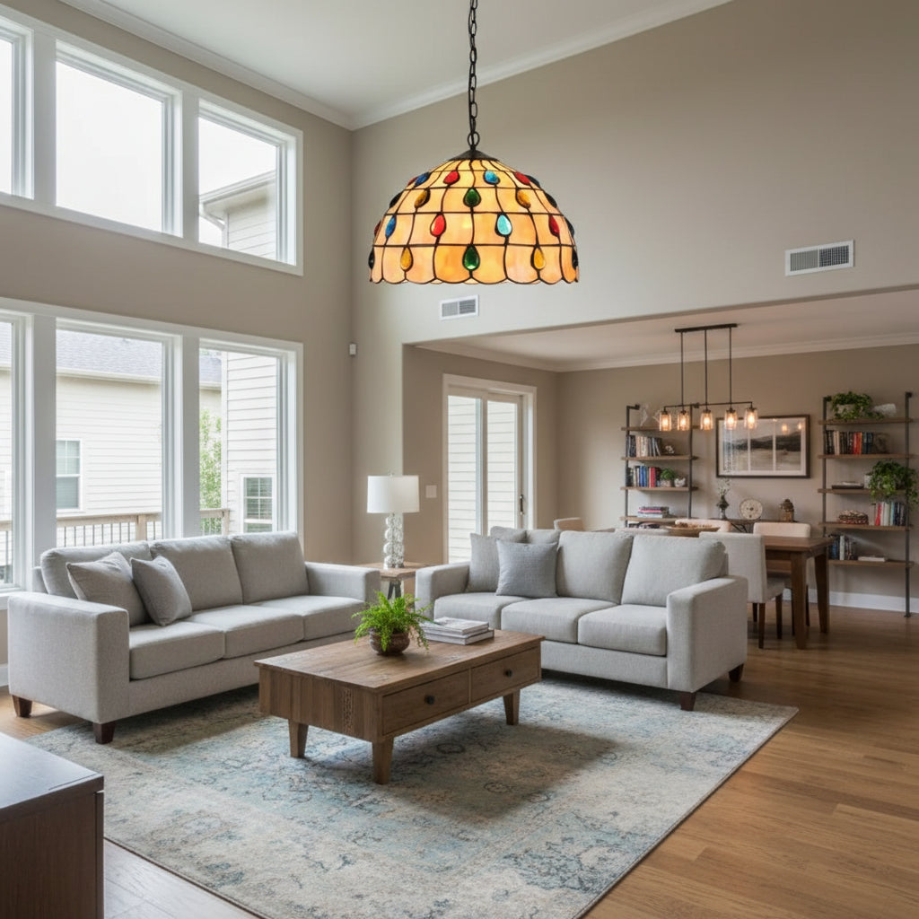 Tiffany-style pendant light in tinted glass with cabochons, 30cm