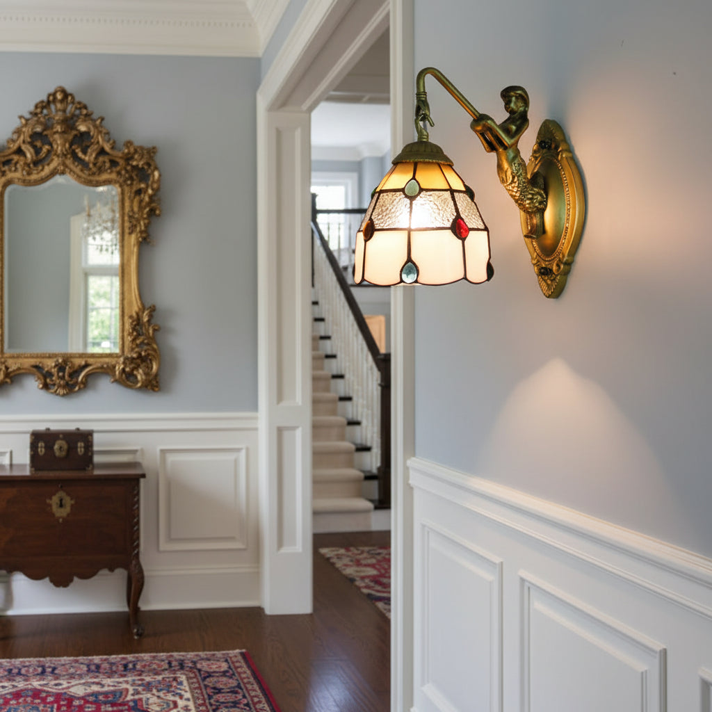 Mermaid Wall Sconce in Stained Glass and Antique Brass