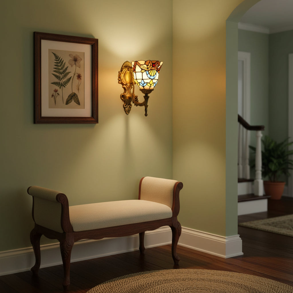 Ornate Tiffany Style Stained Glass Wall Sconce