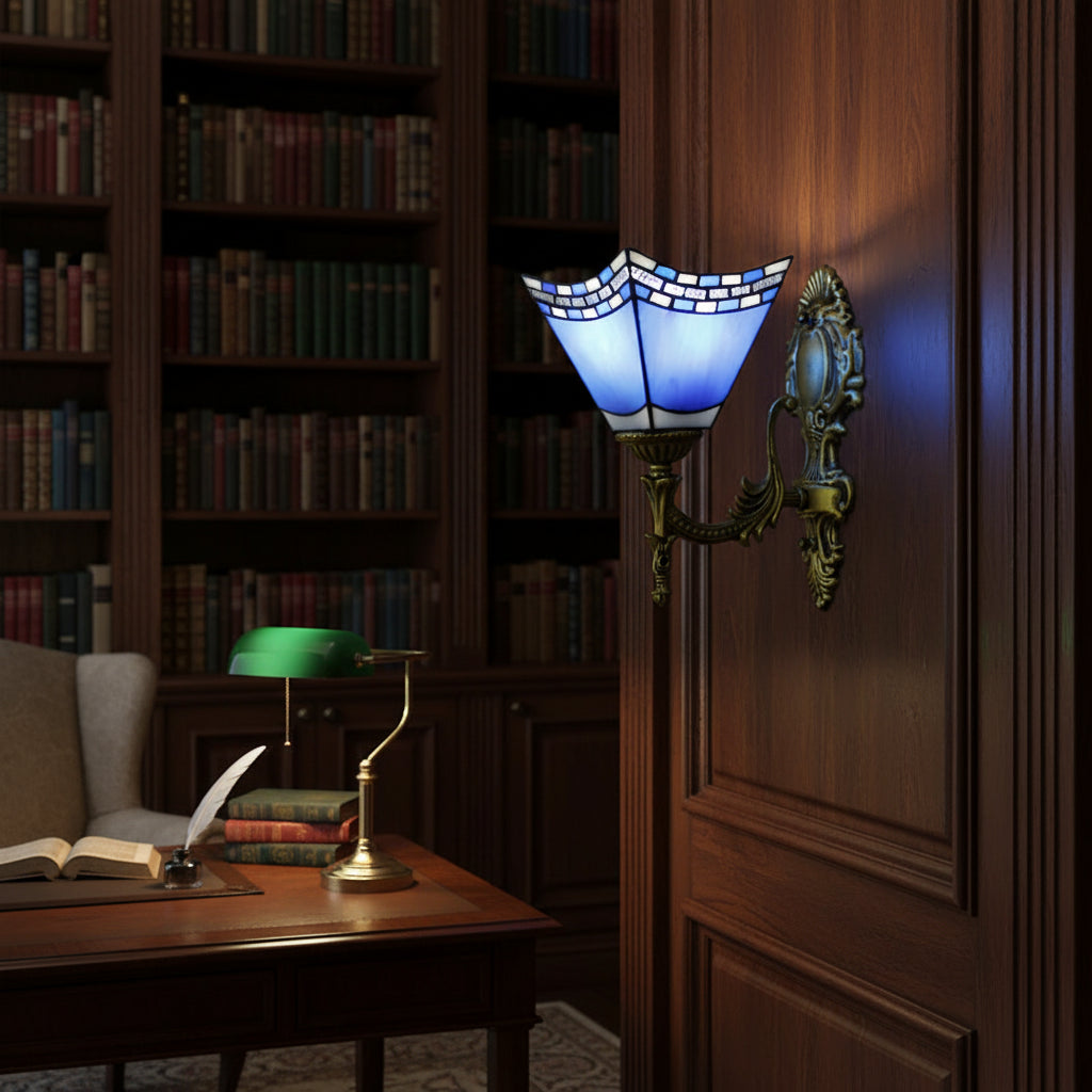 Ornate Wall Sconce in Blue and White Glass