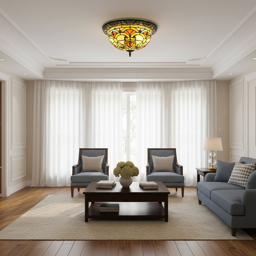 Round Tiffany-style ceiling light in stained glass