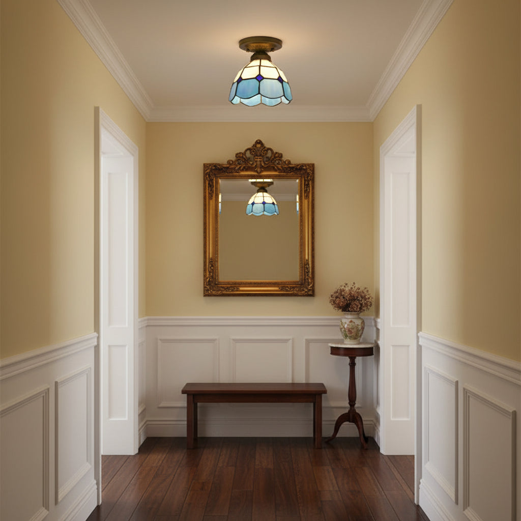 Tiffany Style Ceiling Light in Blue and White Tinted Glass