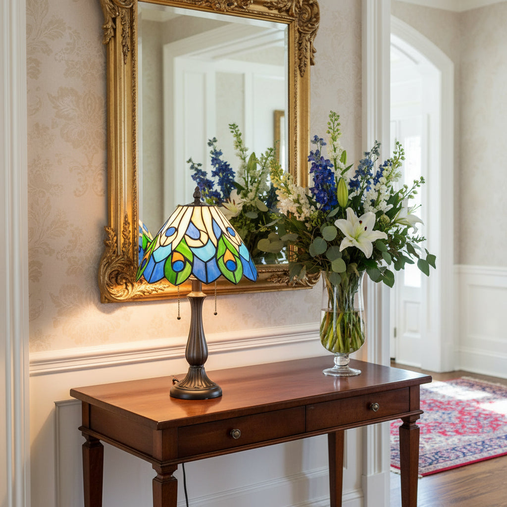 Tiffany Stained Glass Lampshade with Blue and Green Peacock Motif